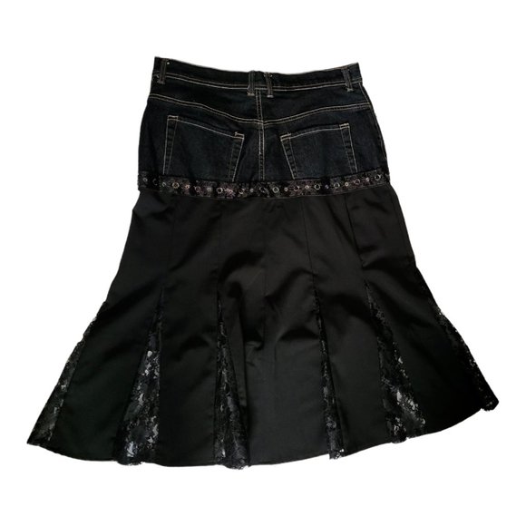 Upcycled Midi Skirt Size 10 Black Lace Panel Embellished Flower Hippie - Picture 2 of 9
